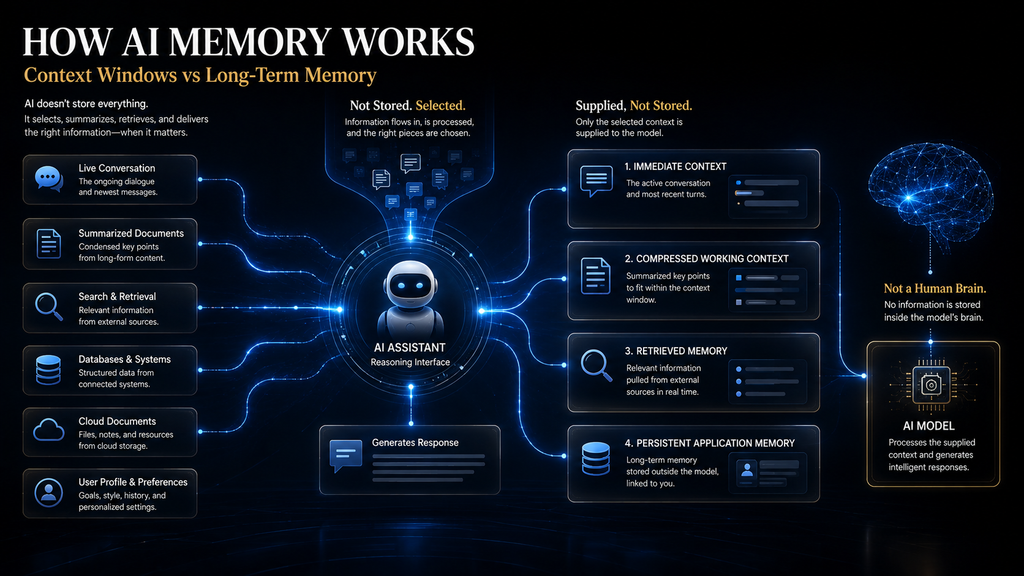 AI memory explained through four layers connecting context, retrieval, and persistent application memory.
