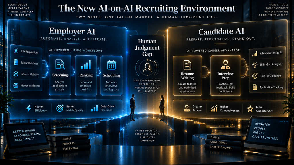 Diagram of the new AI-on-AI recruiting environment where employers and candidates both use AI