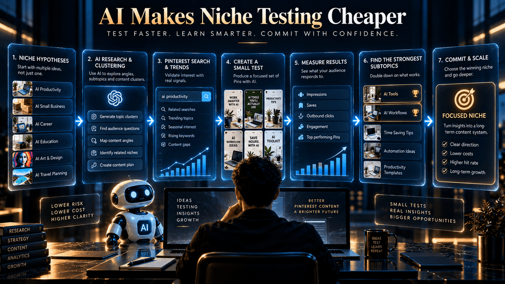 AI-assisted Pinterest niche testing loop combining research, Trends, content experiments and human decision-making.