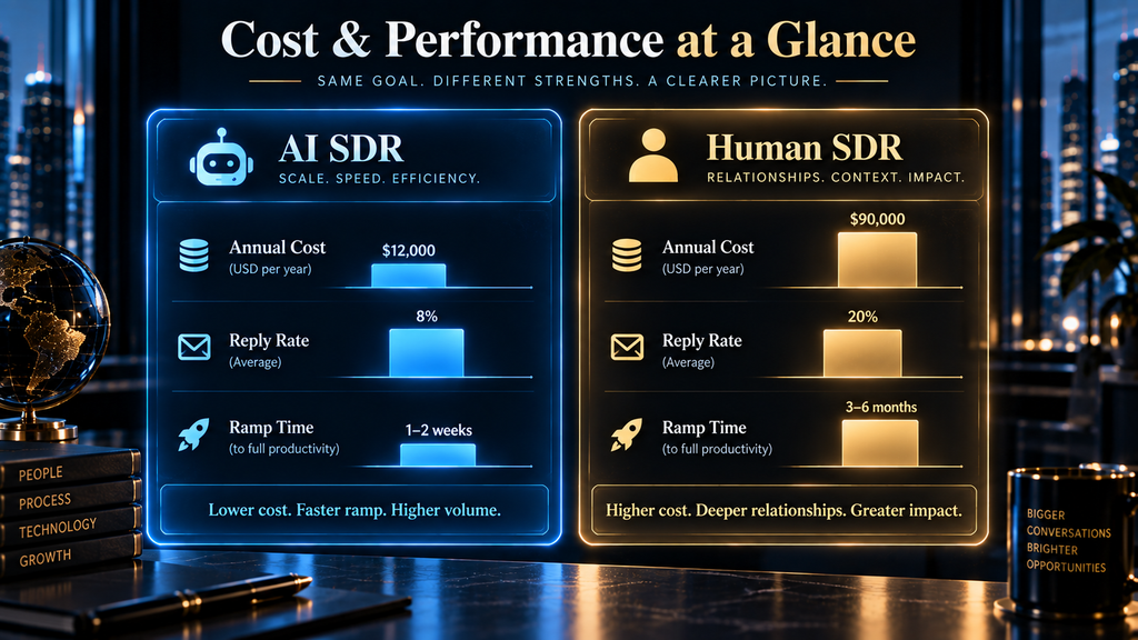 Infographic comparing AI SDR and human SDR cost and performance ranges