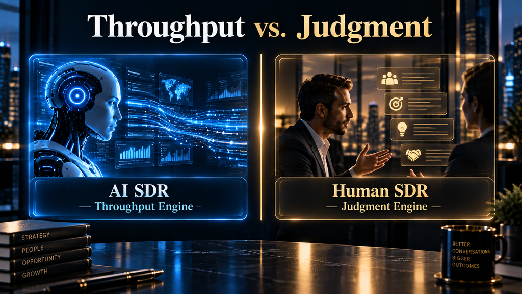 Diagram contrasting AI SDR throughput model with human SDR judgment model