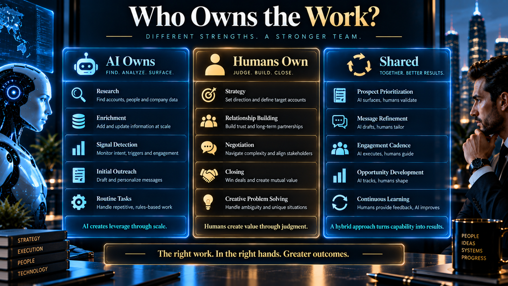 Comparison graphic showing which SDR tasks AI owns, humans own, and both share