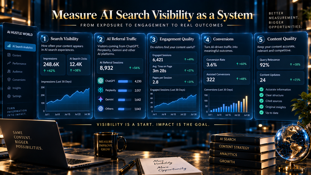 AI search measurement framework connecting visibility, engagement, referrals, conversions and content quality.