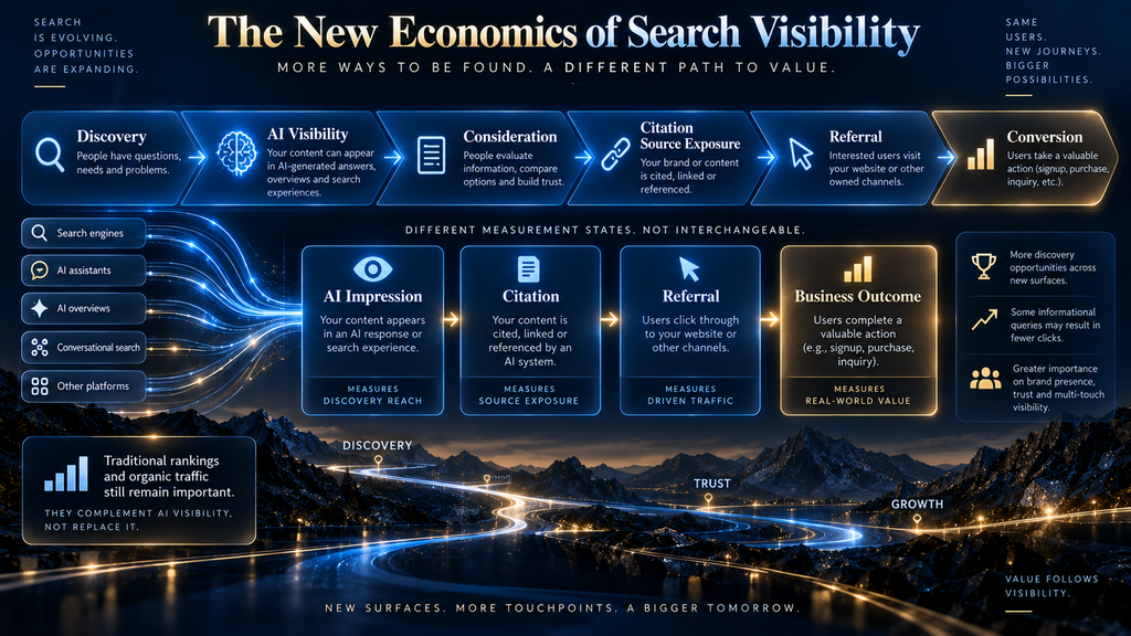 AI search visibility economics showing the journey from discovery and citation to referral and business outcome.