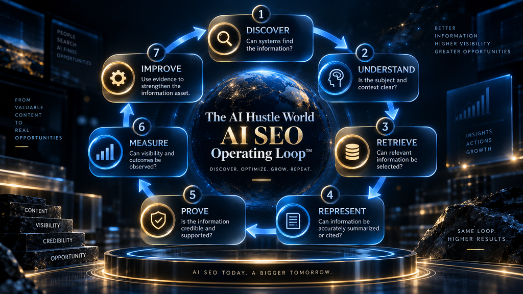AI SEO Operating Loop showing Discover, Understand, Retrieve, Represent, Prove, Measure, and Improve.