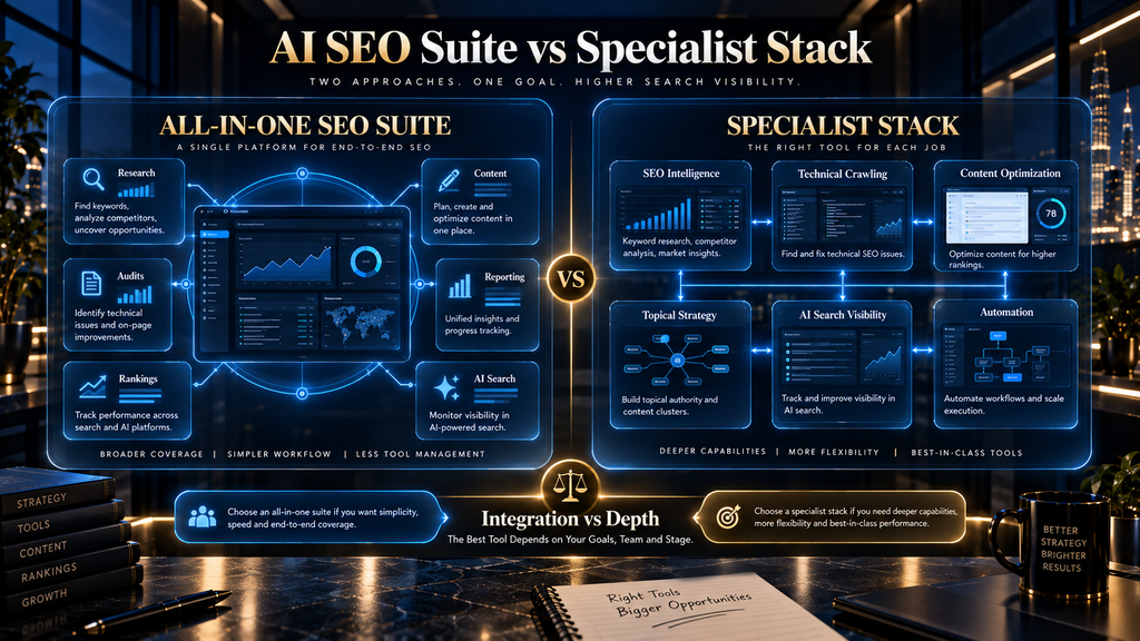 AI SEO suite versus specialist tool stack comparing integration, depth, complexity, cost, and workflow flexibility.