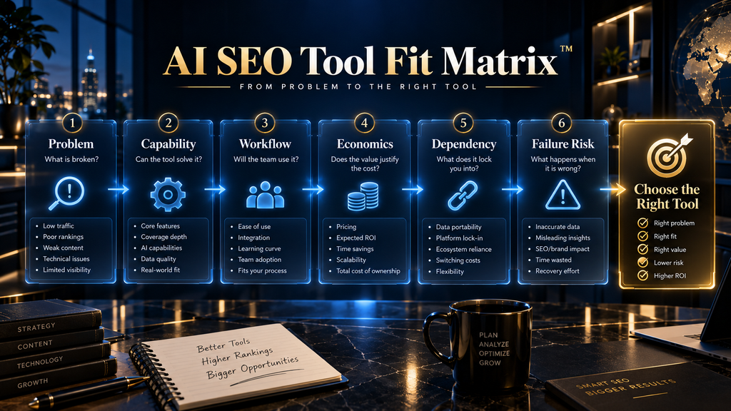 AI SEO Tool Fit Matrix showing how to select software by problem, capability, workflow, economics, dependency, and failure risk.