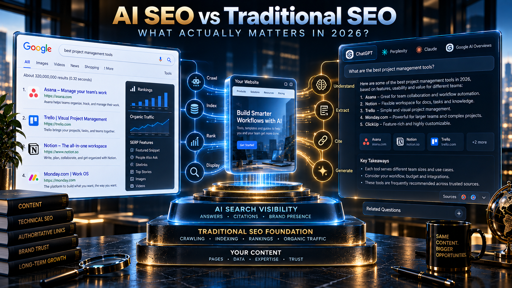AI SEO vs traditional SEO converging into a modern AI search visibility system