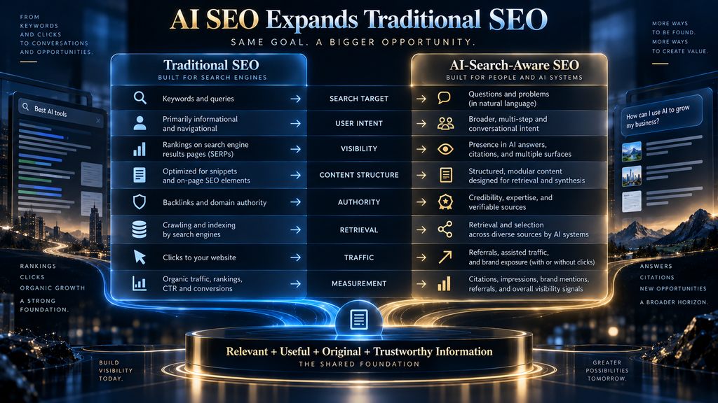 AI SEO versus traditional SEO comparison showing both approaches sharing the same foundation of useful and trustworthy content.