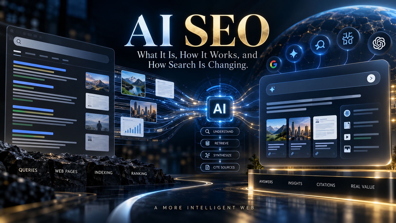 AI SEO concept showing traditional search evolving into AI-powered search with retrieval, synthesis, citations, and website information.