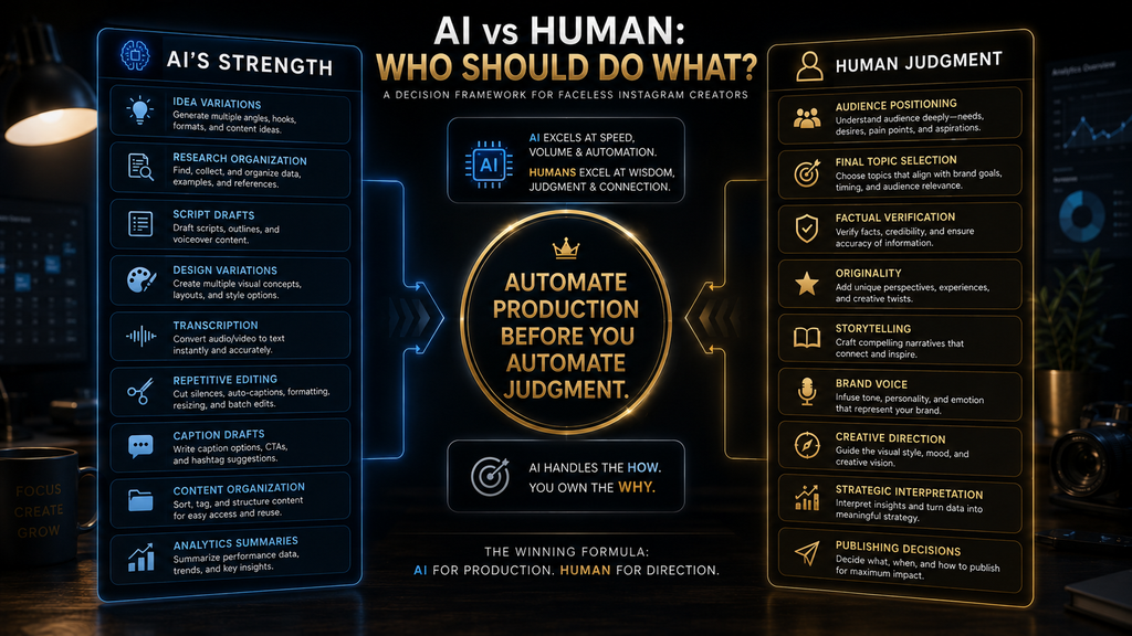 AI versus human decision framework for building an AI-assisted faceless Instagram workflow.
