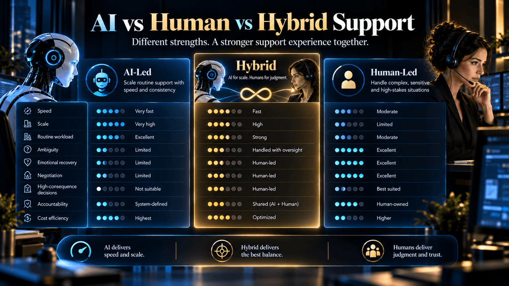 Comparison of AI-led, human-led and hybrid customer support models