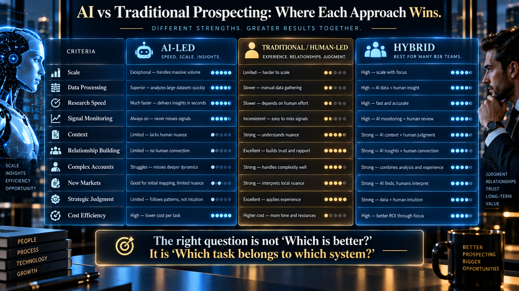 AI versus traditional B2B prospecting comparison by use case and business situation