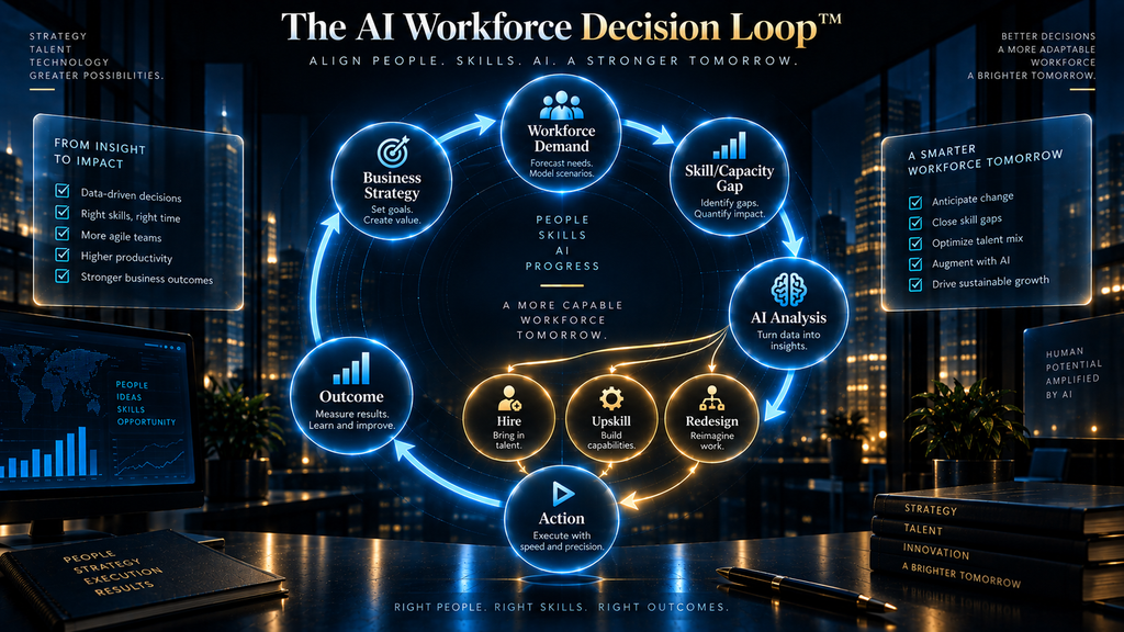 The AI Workforce Decision Loop showing business strategy flowing through workforce demand, AI analysis, and options into action and outcome