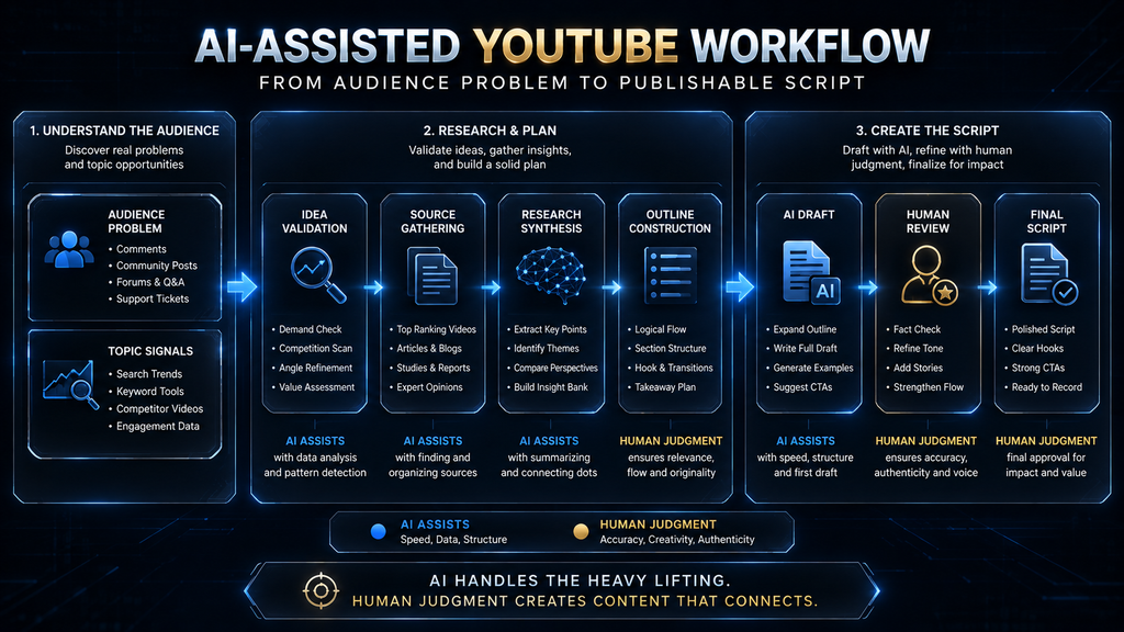 Process showing how a YouTube idea becomes a researched and edited script