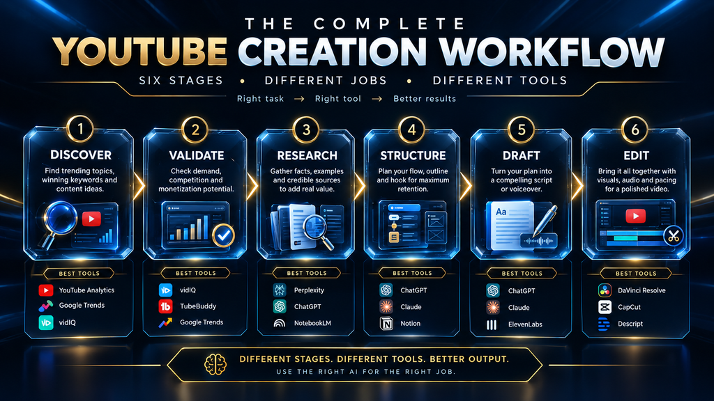 Six stages of an AI-assisted YouTube workflow from discovery to editing