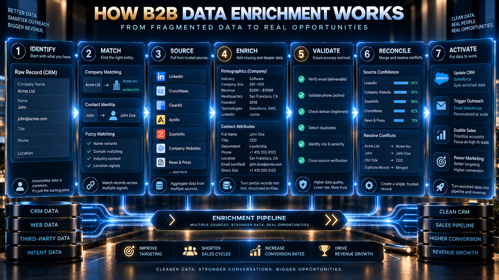 B2B data enrichment workflow from identity resolution through validation and CRM activation