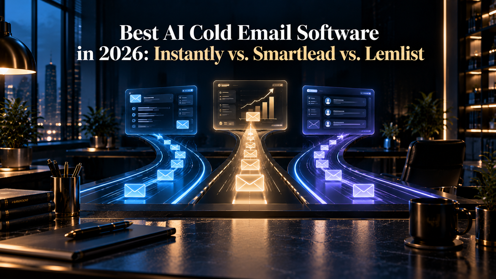 Best AI cold email software comparison hero image for Instantly, Smartlead and Lemlist.