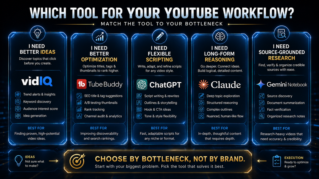 Comparison of AI tools for YouTube ideas, optimization, scripting, reasoning, and research