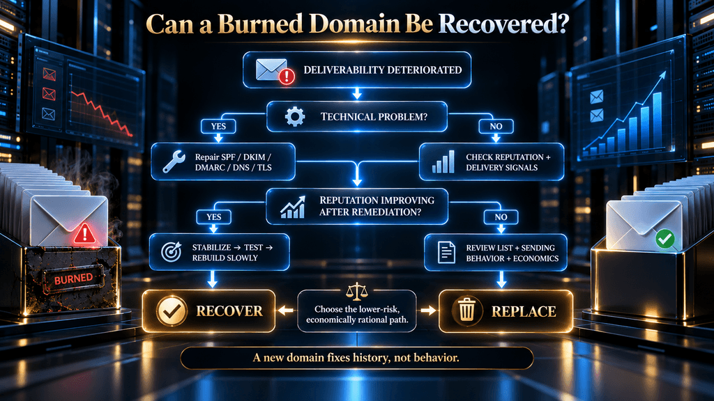 Burned domain recovery decision tree showing when to repair, stabilize, recover or replace a cold email domain.