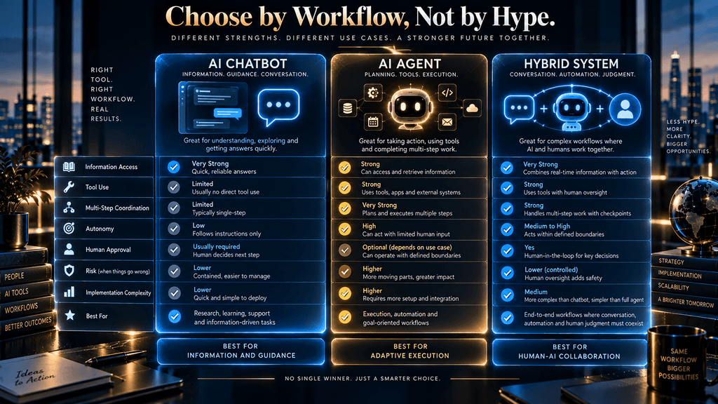 Comparison of AI chatbot, AI agent and hybrid architectures across business workflow needs.