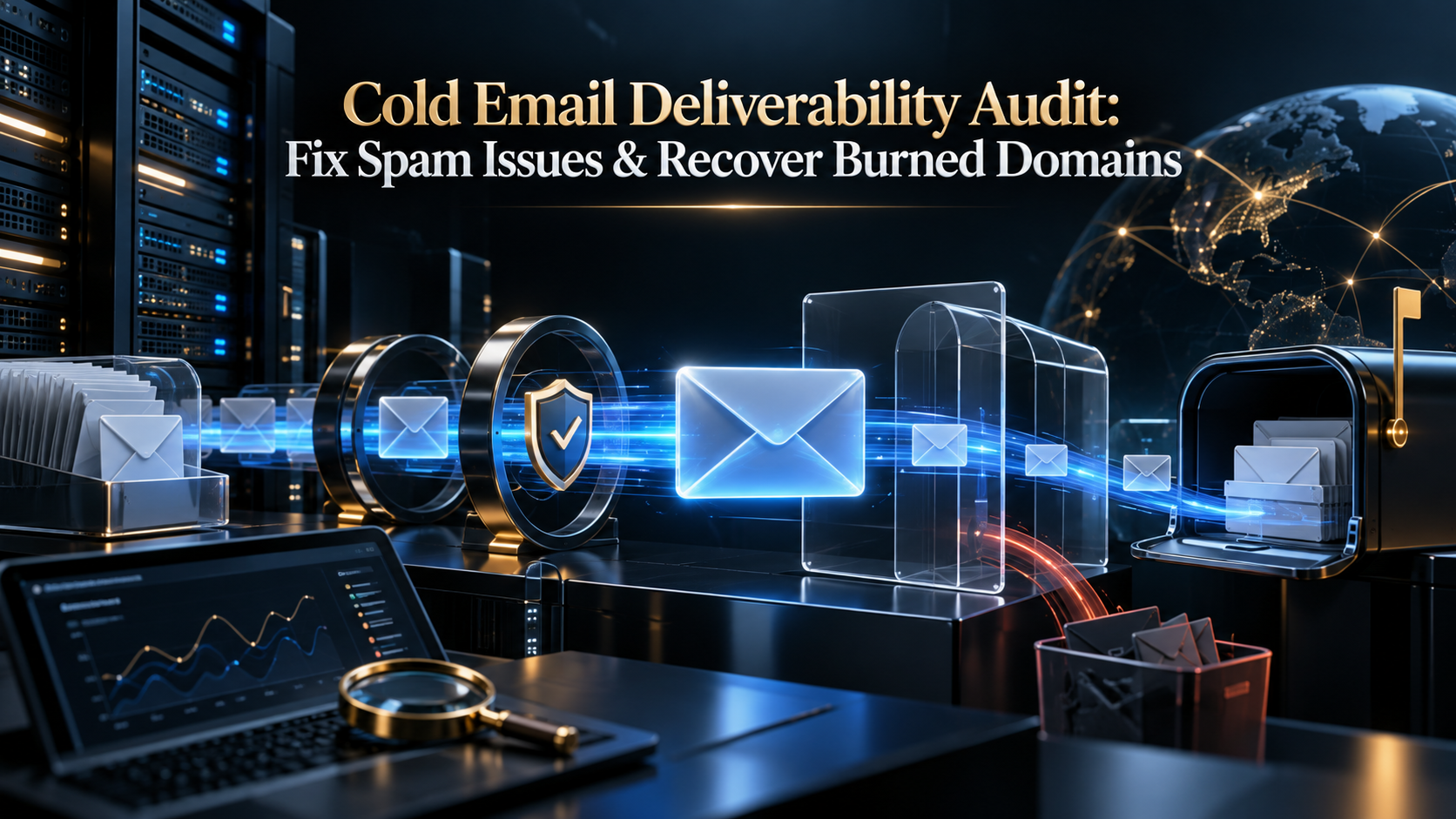 Cold email deliverability audit hero showing email infrastructure, sender reputation and inbox delivery diagnostics.