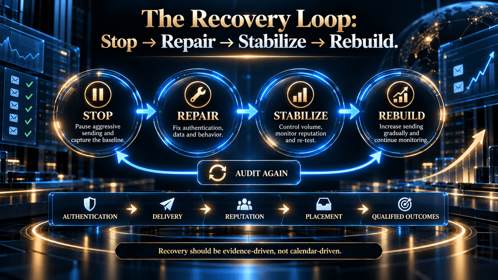 Cold email domain recovery cycle showing stop, repair, stabilize, rebuild and continuous auditing.