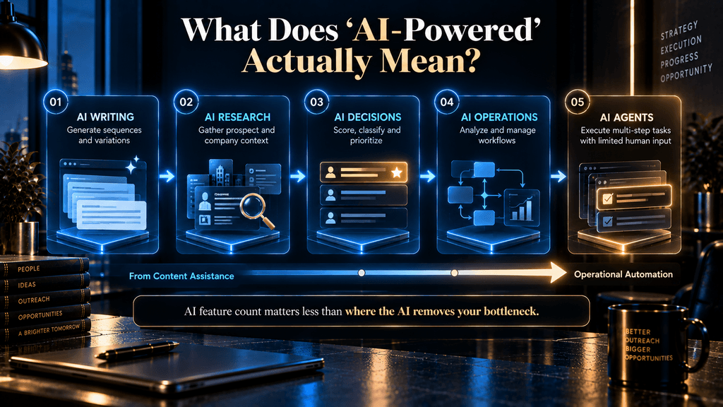 AI capability stack showing the progression from AI writing to research, decisions, operations and autonomous agents.