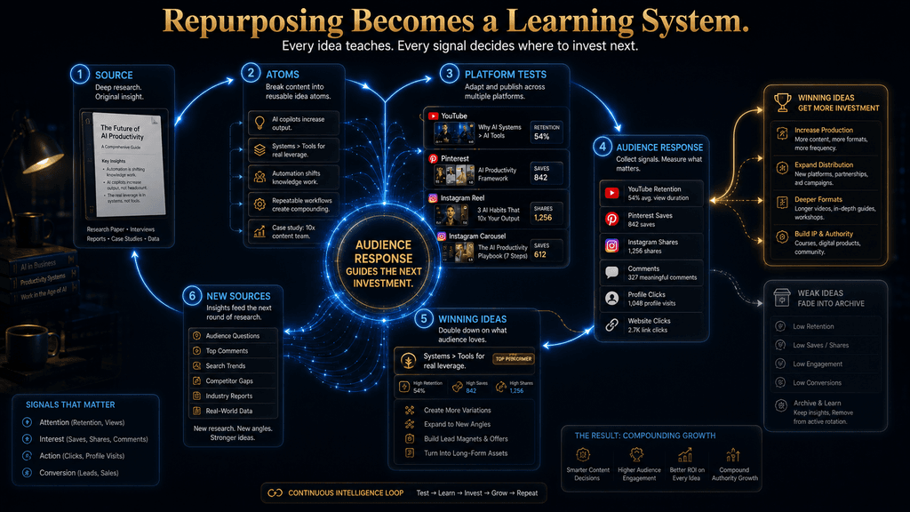 Content learning loop showing how audience response determines which repurposed ideas deserve further investment