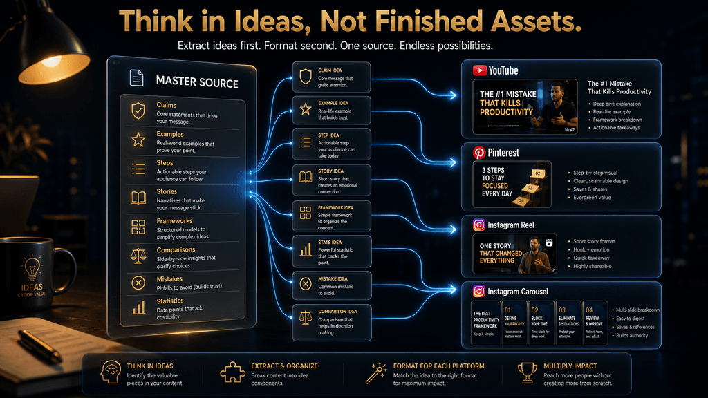 Diagram showing a master content source being broken into ideas before platform-specific adaptation