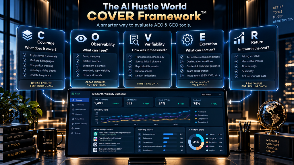 COVER Framework for evaluating AEO and GEO tools by coverage, observability, verifiability, execution and return.