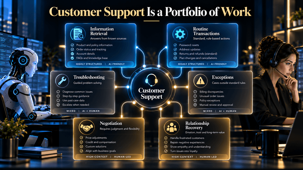 Customer support divided into routine, complex and relationship-focused work