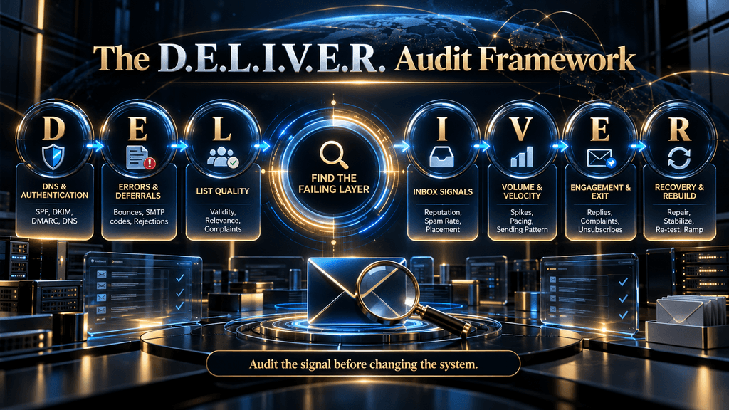 D.E.L.I.V.E.R. cold email deliverability audit framework covering authentication, errors, lists, inbox signals, volume, engagement and recovery.
