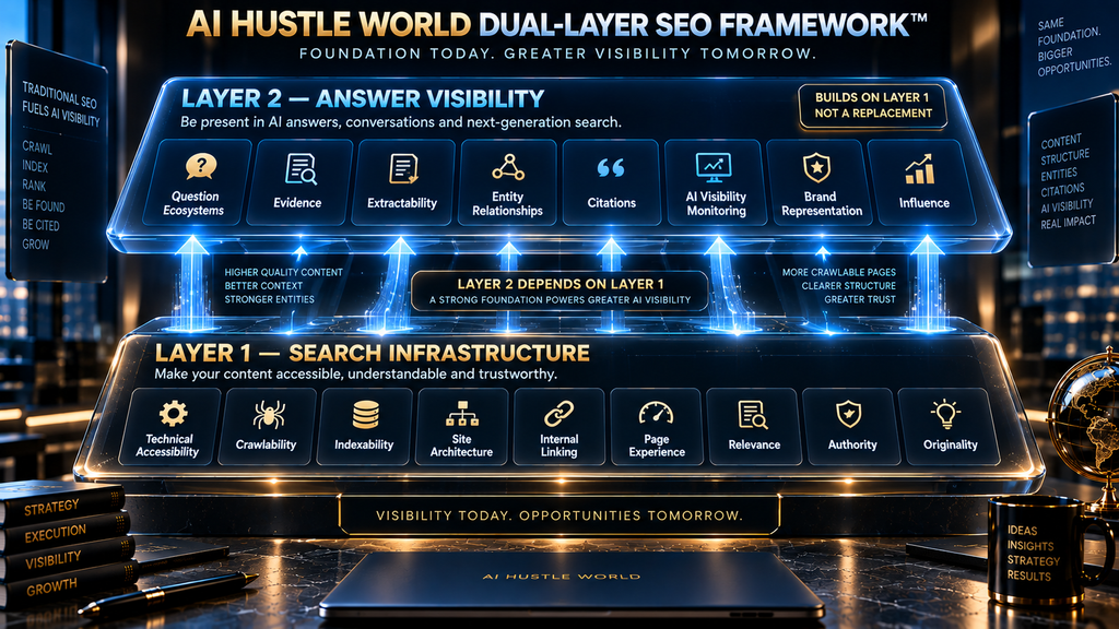 AI Hustle World DUAL-LAYER SEO Framework showing search infrastructure and answer visibility layers