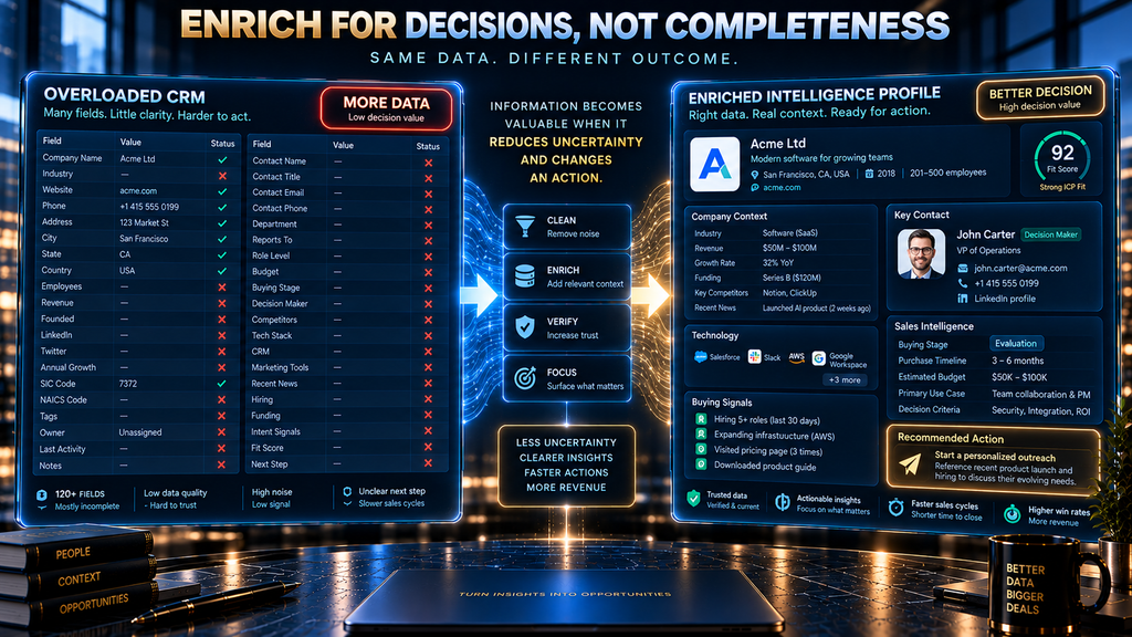 Continuous AI enrichment model showing CRM records updating through data sources, signals, AI research, and workflow actions