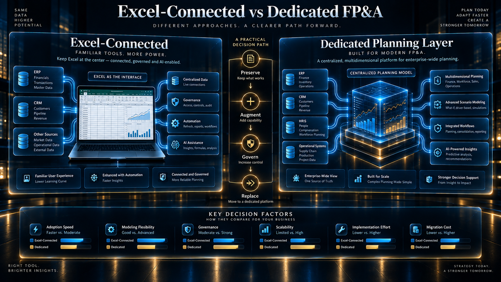 Excel-connected versus dedicated FP&A software architecture comparison