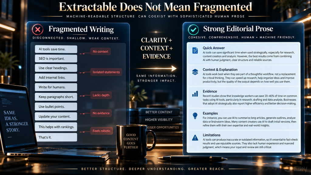 Comparison showing clear extractable editorial prose versus fragmented AI-style writing.