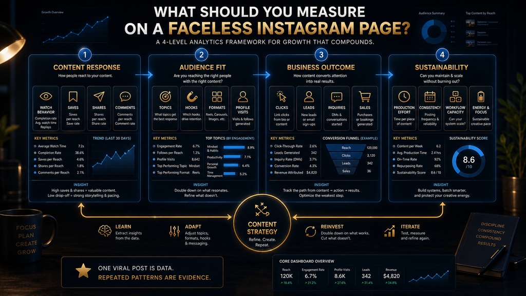 Analytics framework for measuring content response, audience fit, business outcomes, and sustainability on Instagram.