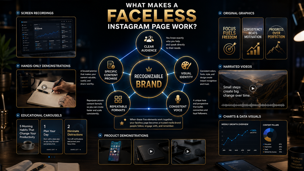 Framework showing how a faceless Instagram page builds recognition through audience, content promise, visuals, formats, and voice.