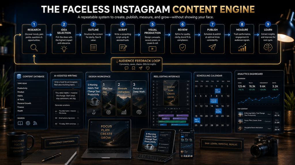 Faceless Instagram content workflow from research and scripting through publishing, measurement, and learning.