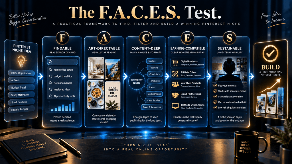 F.A.C.E.S. framework evaluating whether a Pinterest niche is findable, visual, deep, commercially compatible and sustainable for a faceless account.