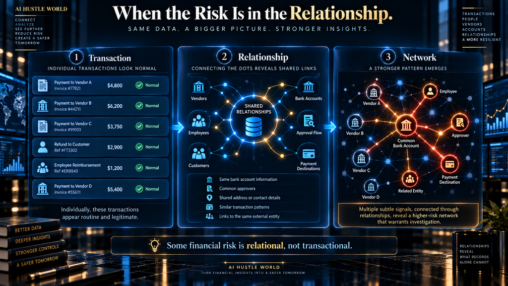 AI financial fraud detection using relationship and graph analysis to identify suspicious connections between transactions, vendors, accounts and employees.