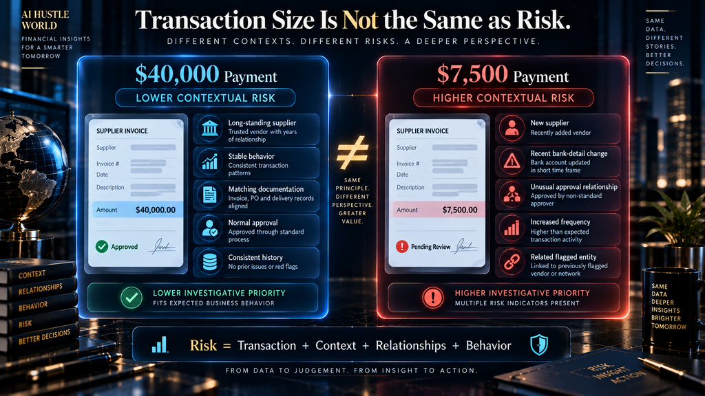 Financial risk comparison showing why contextual evidence can make a smaller transaction more suspicious than a larger routine payment.