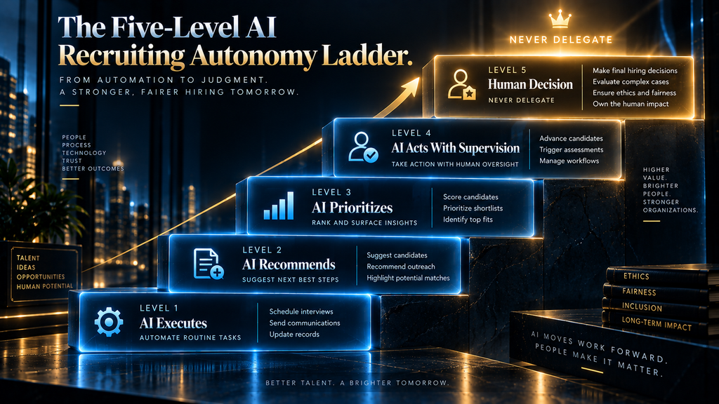 Five-level AI recruiting autonomy ladder from AI executes to human decision