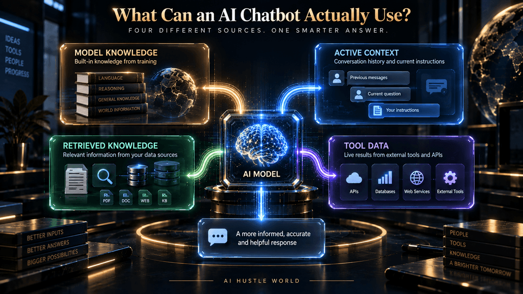 Framework showing four different information sources an AI chatbot can use: model knowledge, active context, retrieved knowledge and live tool data.