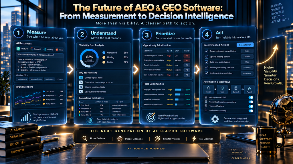 Future AEO and GEO software model evolving from AI visibility monitoring into decision intelligence and execution.
