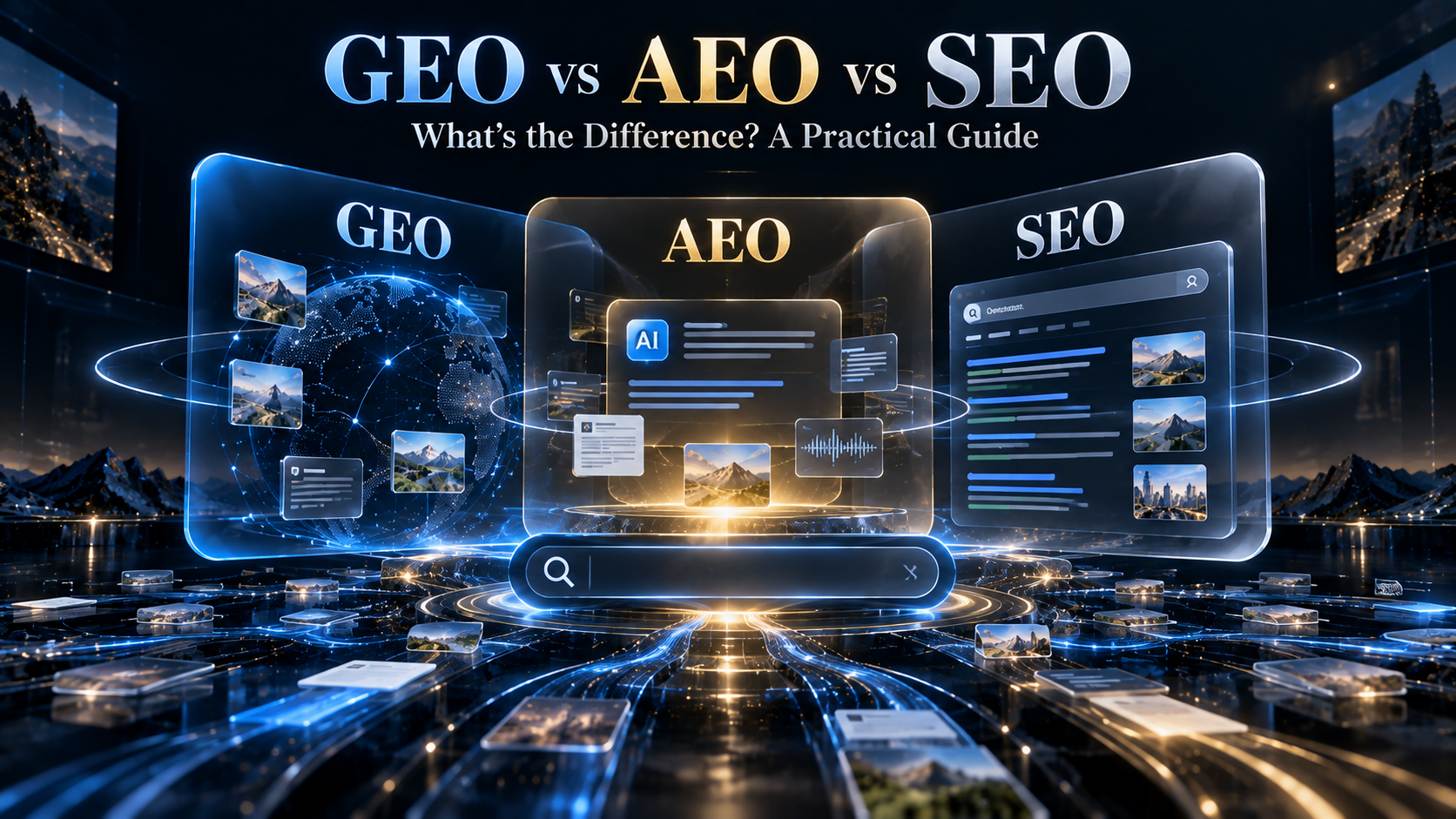 GEO vs AEO vs SEO showing three overlapping layers of modern search visibility.