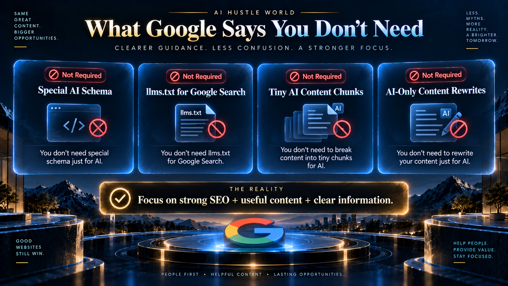 Google AI Search misconceptions including special schema, llms.txt, tiny content chunks, and AI-only rewriting.
