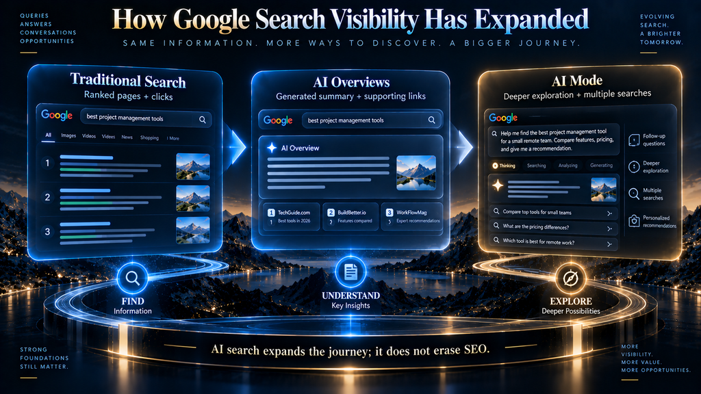Evolution from traditional Google Search to AI Overviews and AI Mode.