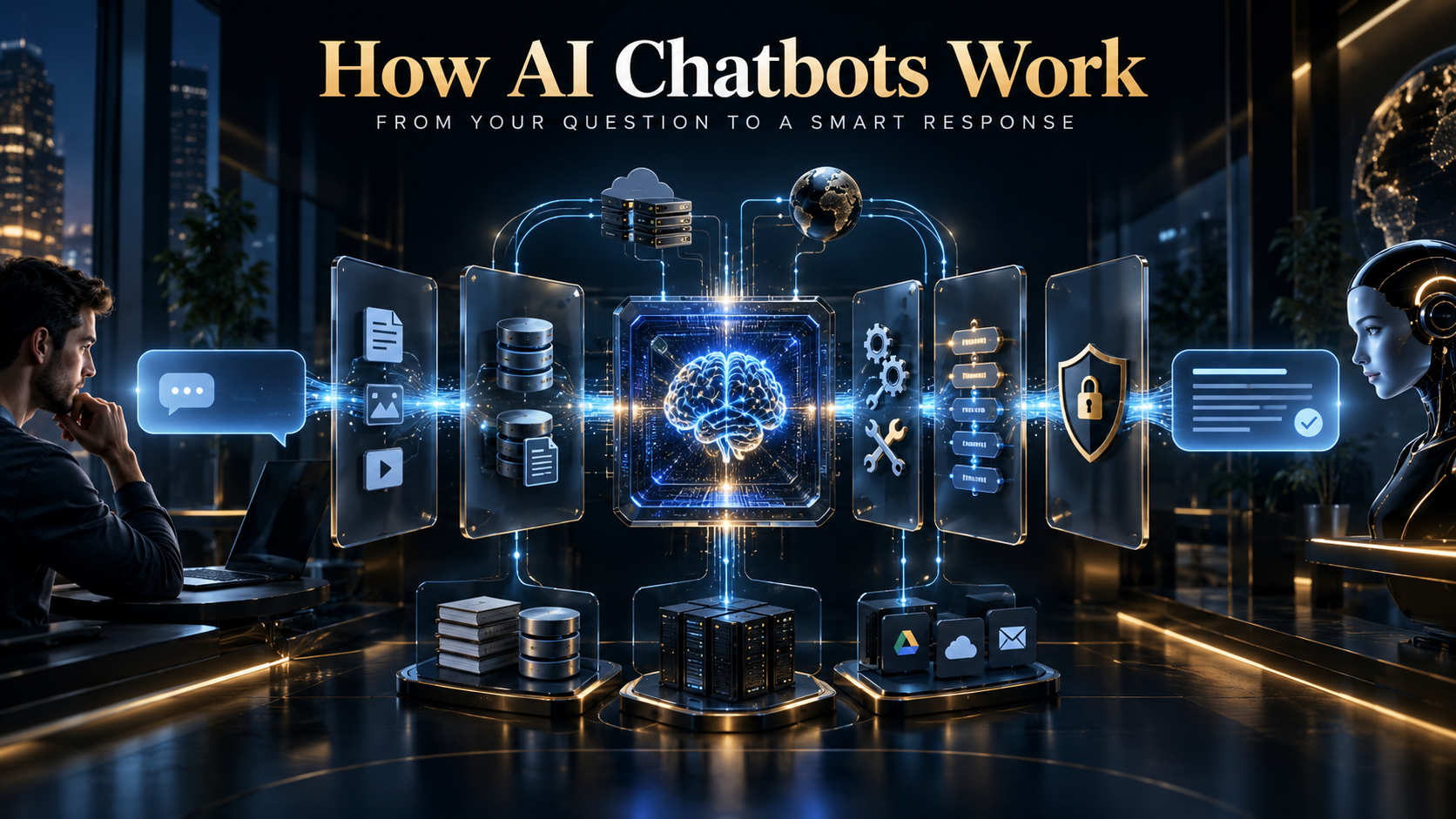 AI chatbot architecture showing a user message moving through context, retrieval, tools, model inference and response generation. How AI Chatbots Work